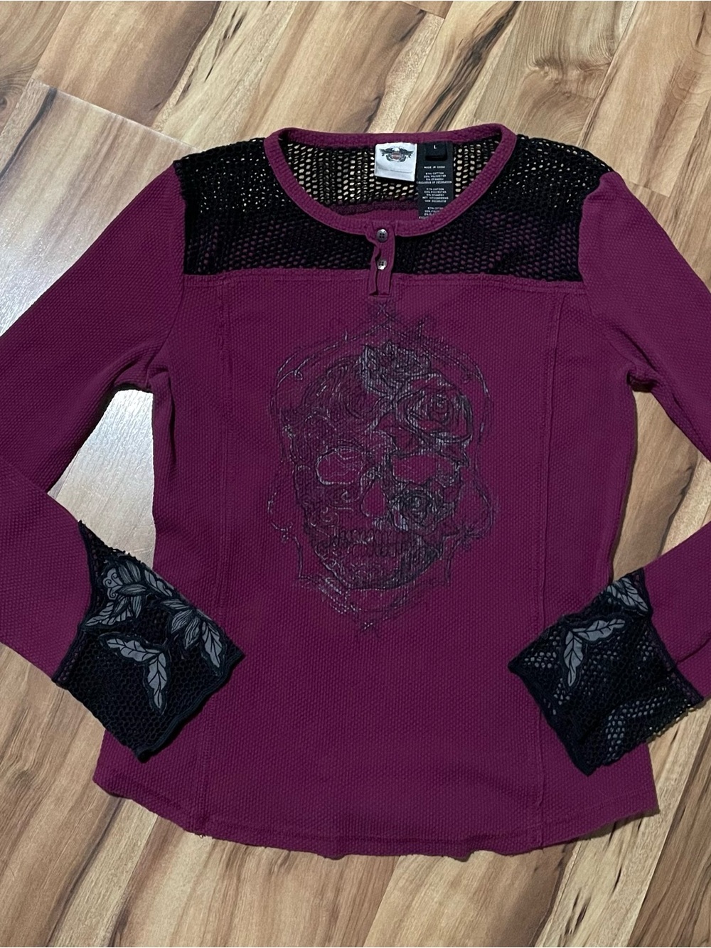 Harley Davidson Burgundy Lace Skull Henley Long Sleeve Biker Shirt Moto Sz L